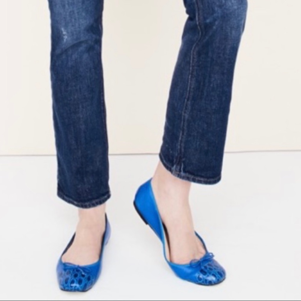 J CREW Women’s LILLY Cap Toe Ballet Flat Vivid Blue Leather Embossed Toe